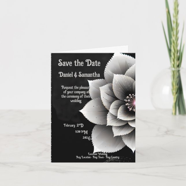 Timeless Elegance: Black & Silver Blossom Wedding  Invitation (Front)