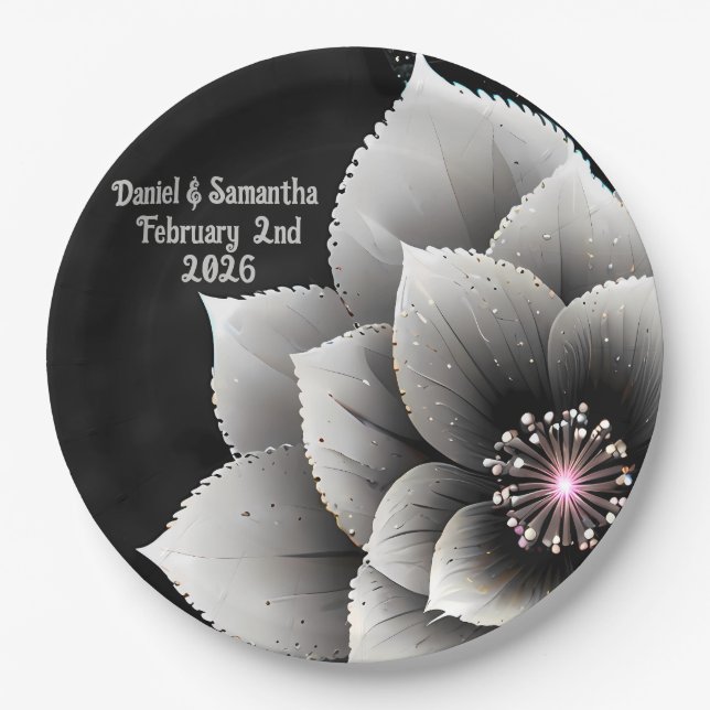 Timeless Elegance: Black & Silver Blossom Wedding  Paper Plate (Front)