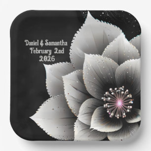 Timeless Elegance: Black & Silver Blossom Wedding Paper Plate