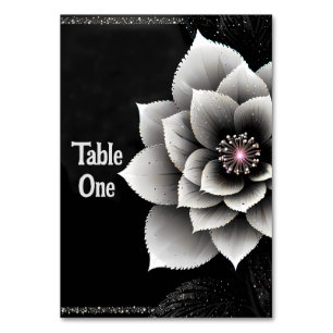 Timeless Elegance: Black & Silver Blossom Wedding Table Number