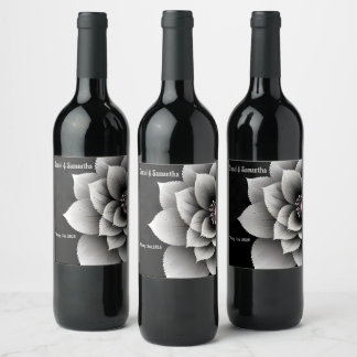 Timeless Elegance: Black & Silver Blossom Wedding Wine Label