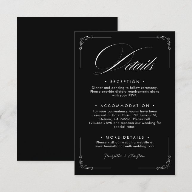 Timeless Elegance Black Wedding Details Card (Front/Back)