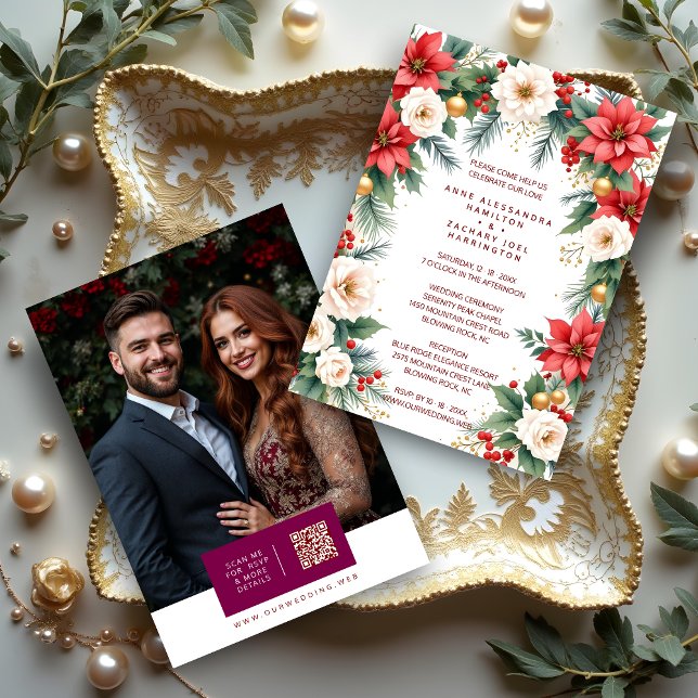Timeless Elegant Christmas Wedding Wreath Photo Invitation (Classic Timeless Elegant Christmas Wedding Wreath Invitation Cards with Back Photo and Modern QR.)