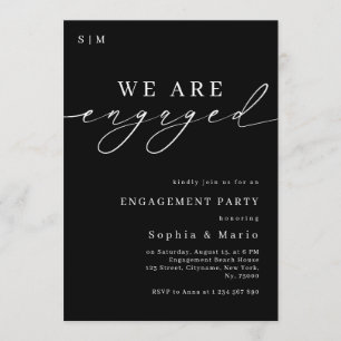 Timeless Elegant Monogram Black Engagement Party Invitation