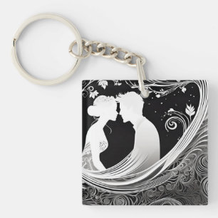 Timeless Embrace White & Black Silhouette Kiss Keychain