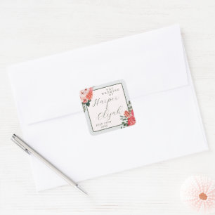 Timeless Floral Blush Red Greenery Classic Wedding Square Sticker