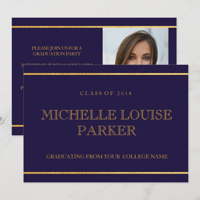 Timeless Gold Blue Photo Graduation Invitation (Front/Back)