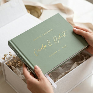 Timeless Gold Calligraphy Sage Green Wedding Photo Guest Book