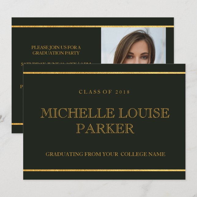 Timeless Gold Green Photo Graduation Invitation (Front/Back)