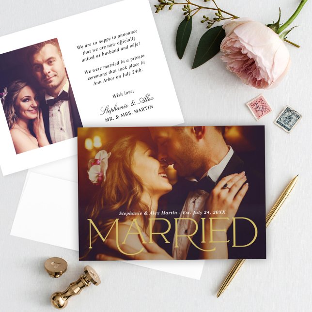 Timeless Gold Married Serif Photo Wedding Announcement (Creator Uploaded)
