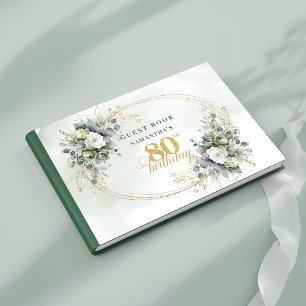 Timeless Green and White 80th Birthday Sign In  Guest Book