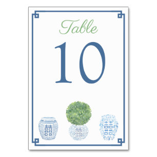 Timeless Green & Blue Boxwood Ginger Jar Wedding Table Number