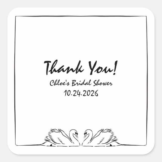 Timeless Handwritten Swan Bridal Shower Thank You Square Sticker (Front)