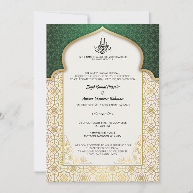 Timeless Islamic Wedding – Emerald & Gold Invitation (Front)