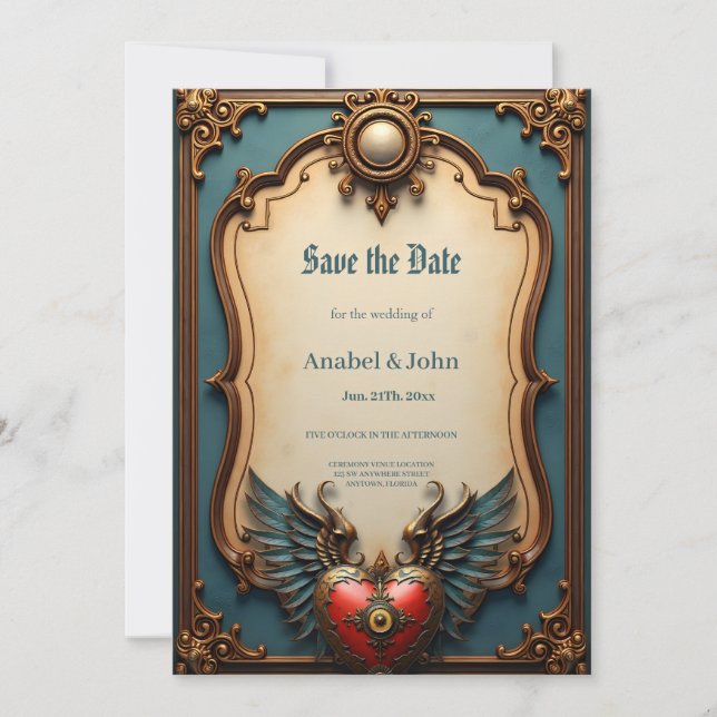 Timeless love, surreal elegance in steampunk style save the date (Front)