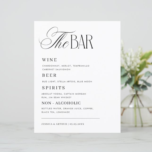 Timeless Luxe Script Classy Wedding Bar Drink Menu (Debout devant)
