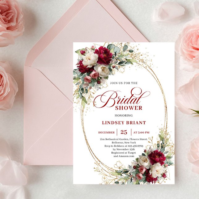Timeless Maroon Floral Gold Bridal Shower Invite (Timeless Maroon Floral Gold Bridal Shower Invitation)