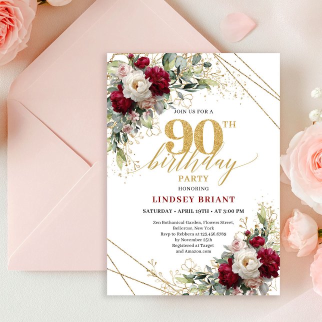 Timeless Merlot Floral Gold 90th Birthday Invite (Timeless Merlot Floral Gold 90th Birthday Invitation)