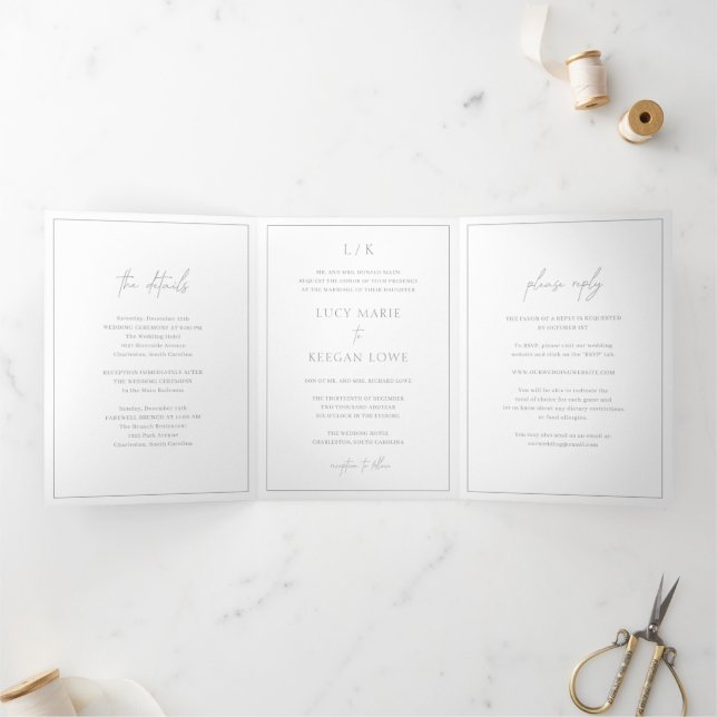 Timeless Monogram Grey Elegant Wedding Tri-Fold Invitation (Inside)