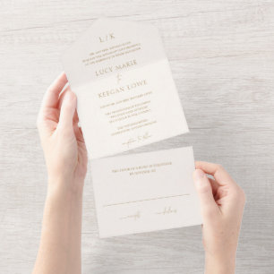 Timeless Monogram Ivory and Gold Elegant Wedding All In One Invitation
