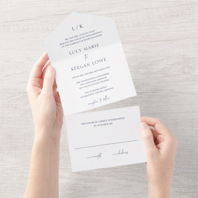 Timeless Monogram Navy Blue Elegant Wedding All In One Invitation (Tearaway)