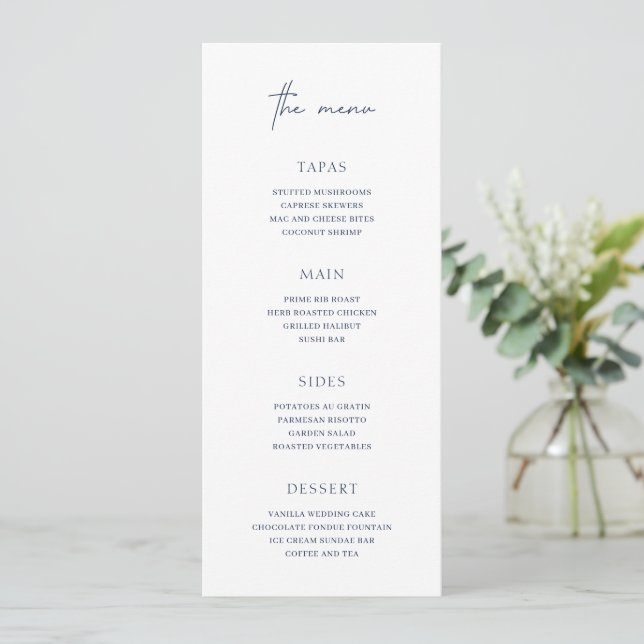 Timeless Navy Blue Elegant Wedding Menu (Standing Front)