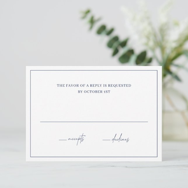 Timeless Navy Blue Elegant Wedding RSVP Card (Standing Front)
