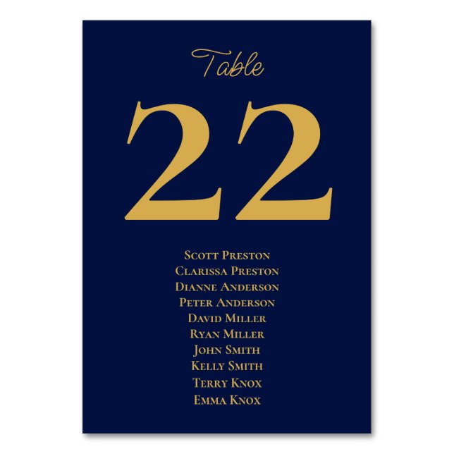 Timeless Navy Blue Gold Seating Assignment Table Number (Front)