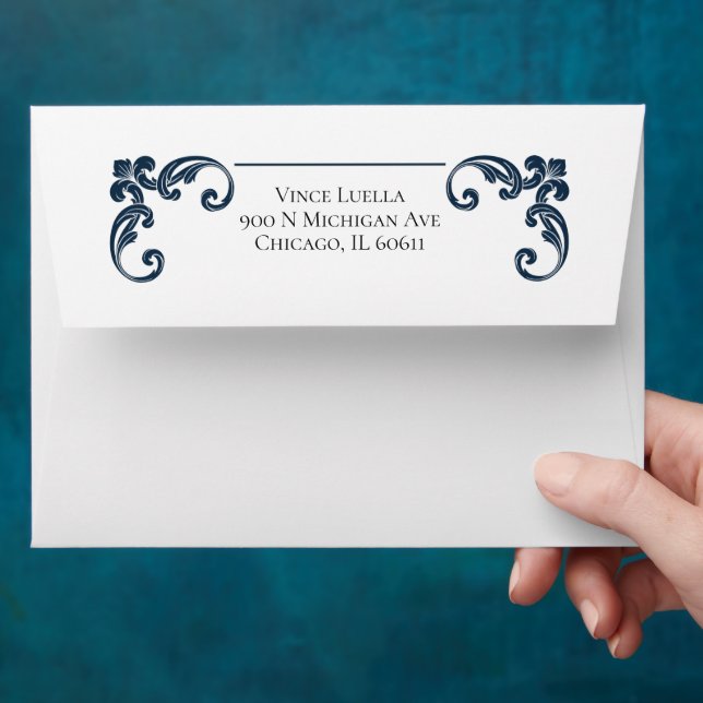 Timeless Navy Flourish Elegant Return Address Envelope (Hand)