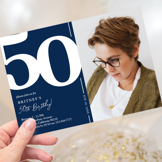 Timeless Navy Photo 50th Birthday Invitation (Creator Uploaded)