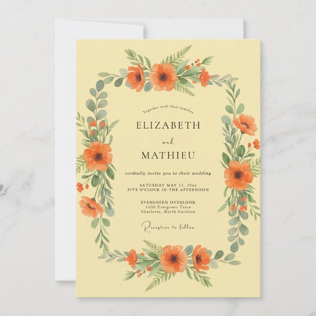 Timeless Orange Poppy Wreath Wedding Invitation (Front)