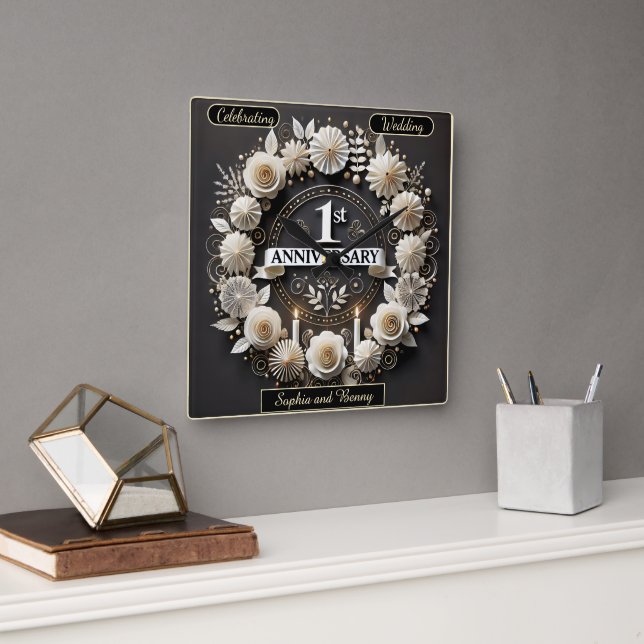 Timeless Paper Wreath for Anniversary Square Wall Clock (Office)