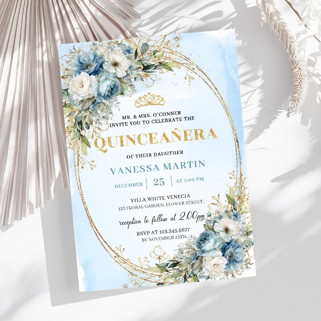 Timeless Pastel Blue Gold Eucalyptus Quinceañera Invitation (Timeless Pastel Blue Gold Eucalyptus Quinceañera)