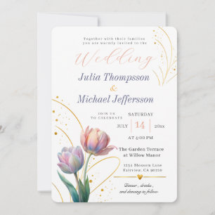 Timeless Pastel Tulip Gold Blush Lavender Wedding Invitation