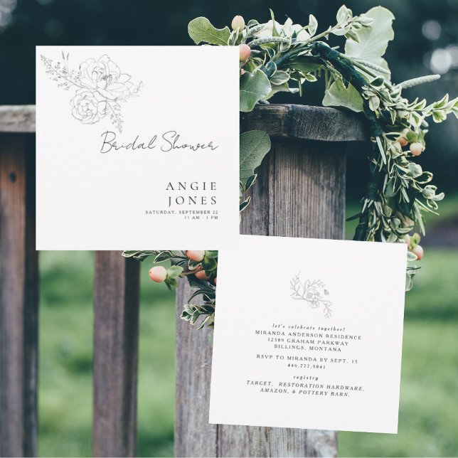 Timeless Pencil Floral White Square Bridal Shower  Invitation (Creator Uploaded)