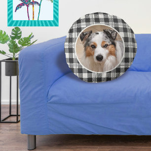 Timeless Pet Photo Dark Grey Buffalo Plaid Art Round Pillow