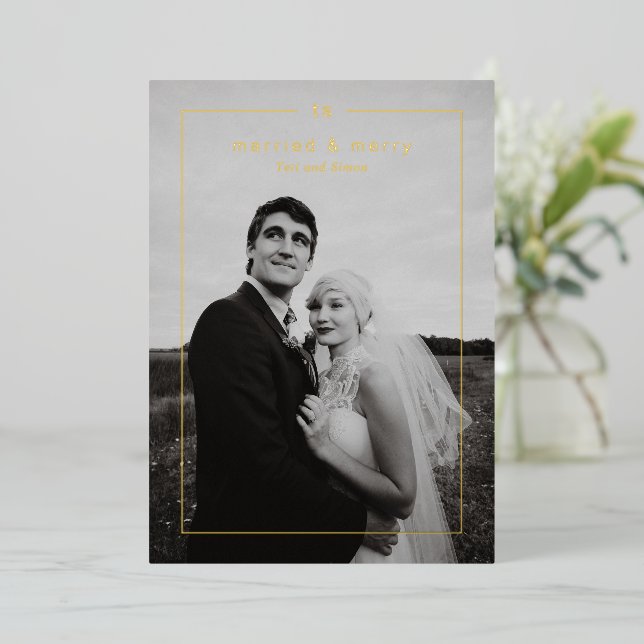 Timeless Photo Modern Newlywed Christmas Foil Holiday Card (Standing Front)