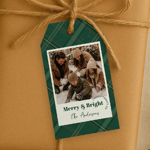 Timeless Pine Green Plaid Photo Merry & Bright Gift Tags