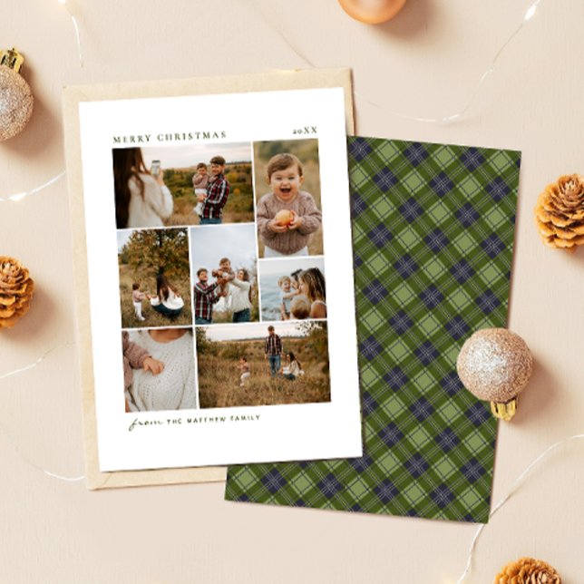 Timeless Plaid Christmas Family 7 Photo Collage Holiday Card (Creator Uploaded)
