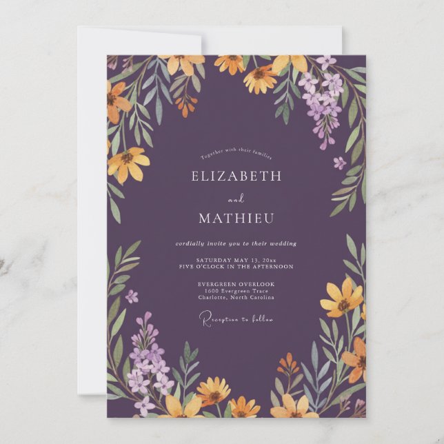 Timeless Plum Mustard Wildflower Wedding Invitation (Front)