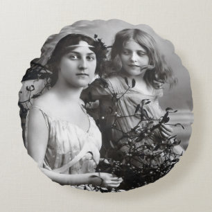 Timeless Portrait of Mother and Daughter Round Pillow
