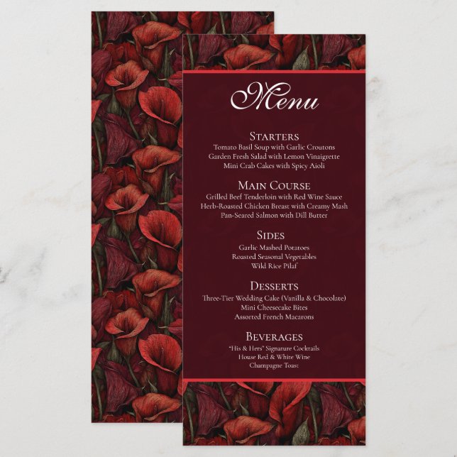 Timeless Red Calla Lilies Petal Boho Wedding Menu (Front/Back)