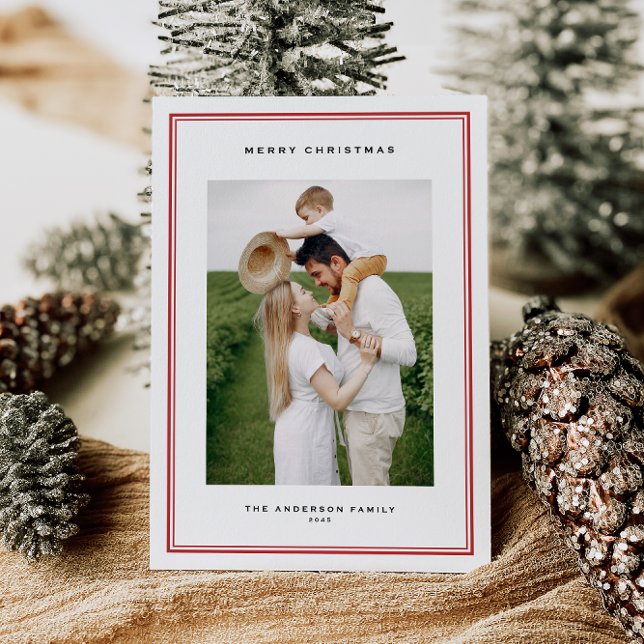 Timeless Red Double Border Photo Christmas Holiday Card (This timeless holiday photo card features a refined double-line frame and classic serif typography.)