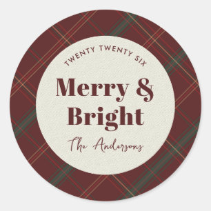 Timeless Red Plaid Modern Merry & Bright Christmas Classic Round Sticker