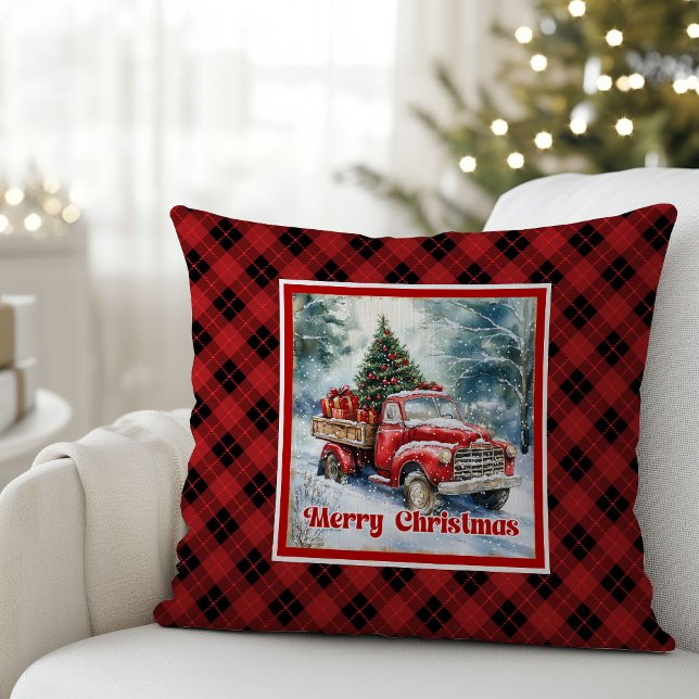 Timeless red truck holiday scene rustic watercolor throw pillow (Timeless red truck holiday scene rustic watercolor pillow

)