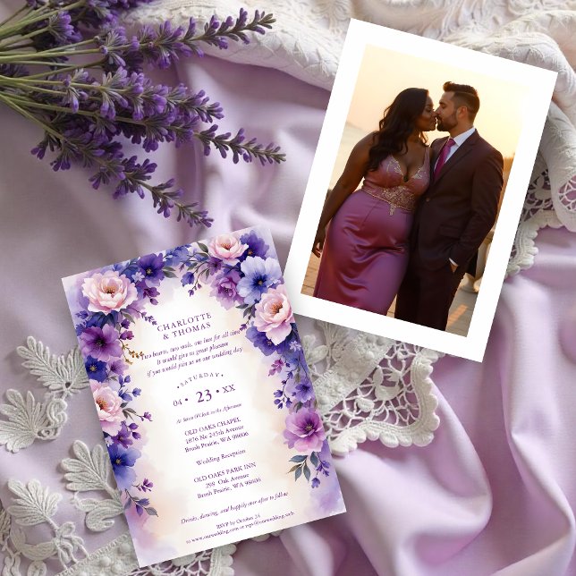 Timeless Romantic Purple Shades Flowers Arch Photo Invitation (Timeless Romantic Purple Shades Flowers & Branches Arch with Photo in the Back Wedding Invitations)