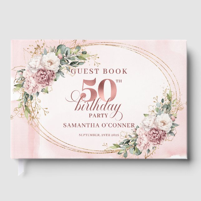 Timeless Rose Gold Blush 50th Birthday Guest Book (Front)