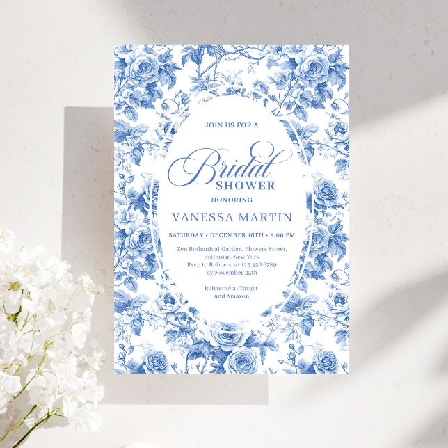 Timeless Royal Blue Toile de Jouy Bridal Shower  Invitation (Timeless Royal Blue Toile de Jouy Bridal Shower Invite)