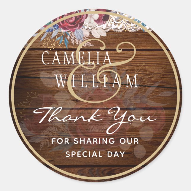 Timeless Rustic Blue Burgundy Floral Lace Wedding Classic Round Sticker (Front)