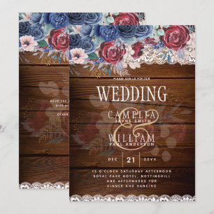 Timeless Rustic Blue Burgundy Floral Lace Wedding Invitation